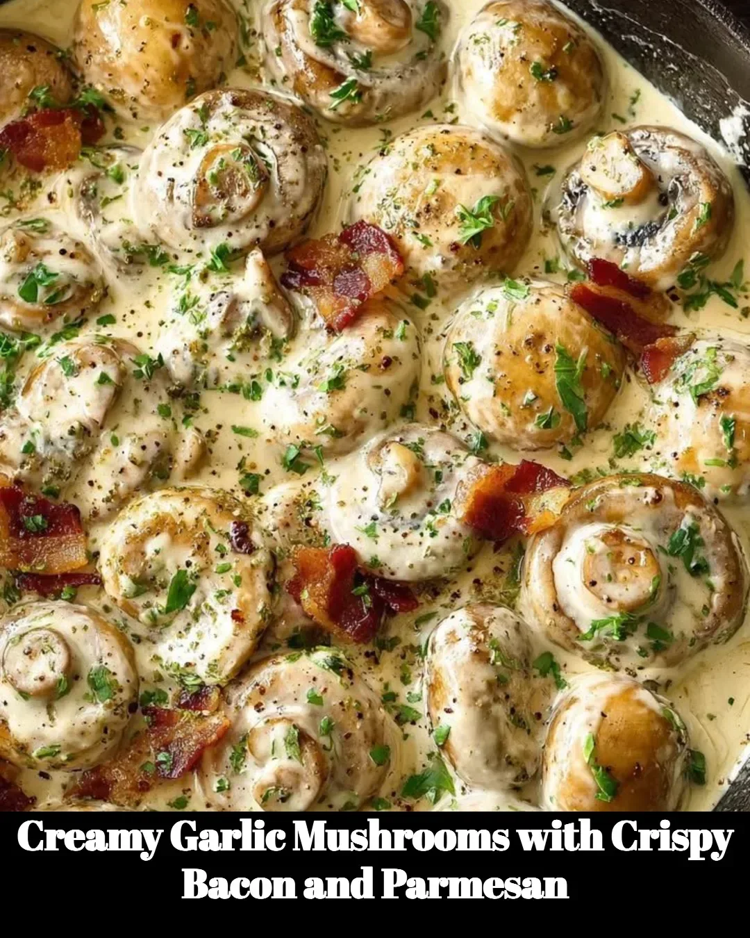 Creamy garlic mushrooms with crispy bacon and Parmesan cheese garnishing.