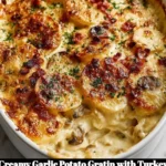 Creamy garlic potato gratin topped with turkey bacon and mushrooms