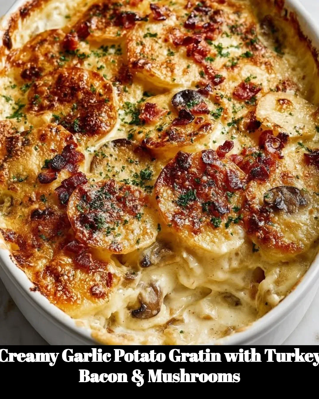 Creamy garlic potato gratin topped with turkey bacon and mushrooms
