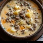 Creamy potato hamburger soup with vegetables in a bowl