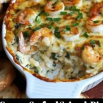 Bowl of creamy seafood spinach dip with crackers on a wooden table