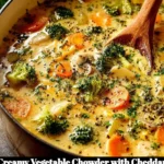 Bowl of creamy vegetable chowder topped with cheddar cheese and fresh herbs