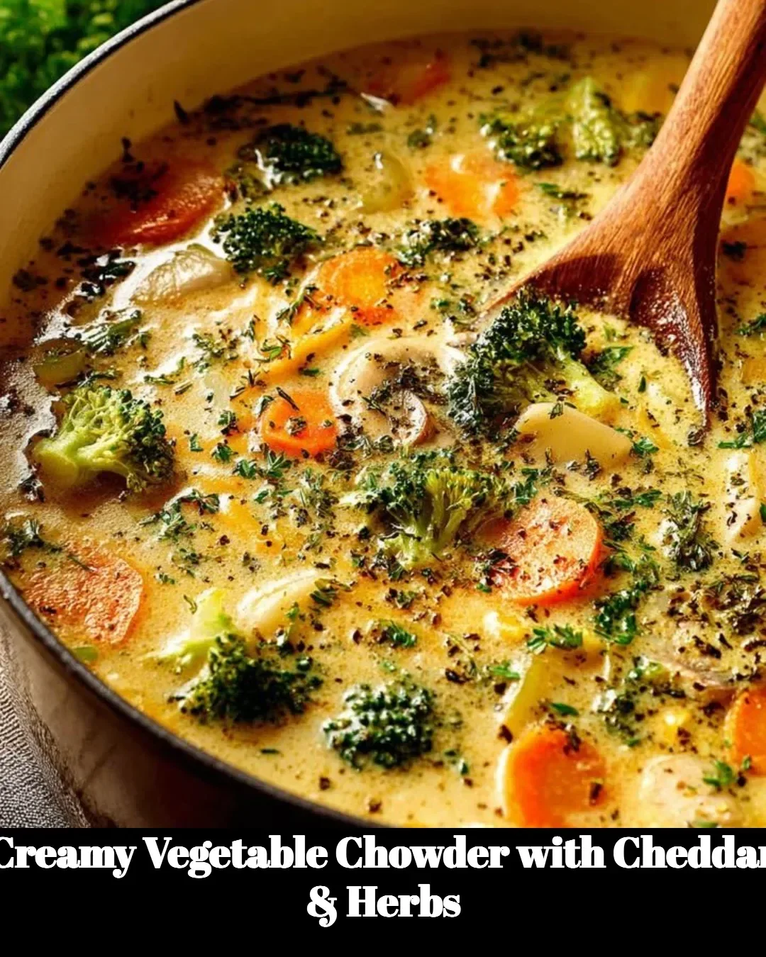 Bowl of creamy vegetable chowder topped with cheddar cheese and fresh herbs