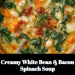Creamy white bean soup with spinach and bacon in a bowl
