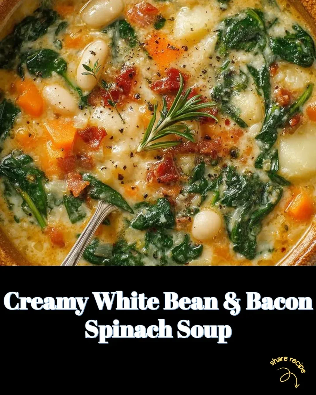 Creamy white bean soup with spinach and bacon in a bowl