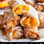 Crispy Peach Cobbler Egg Rolls filled with juicy peaches and cinnamon.