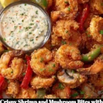 Crispy shrimp bites with mushrooms and spicy ranch dip served on a platter