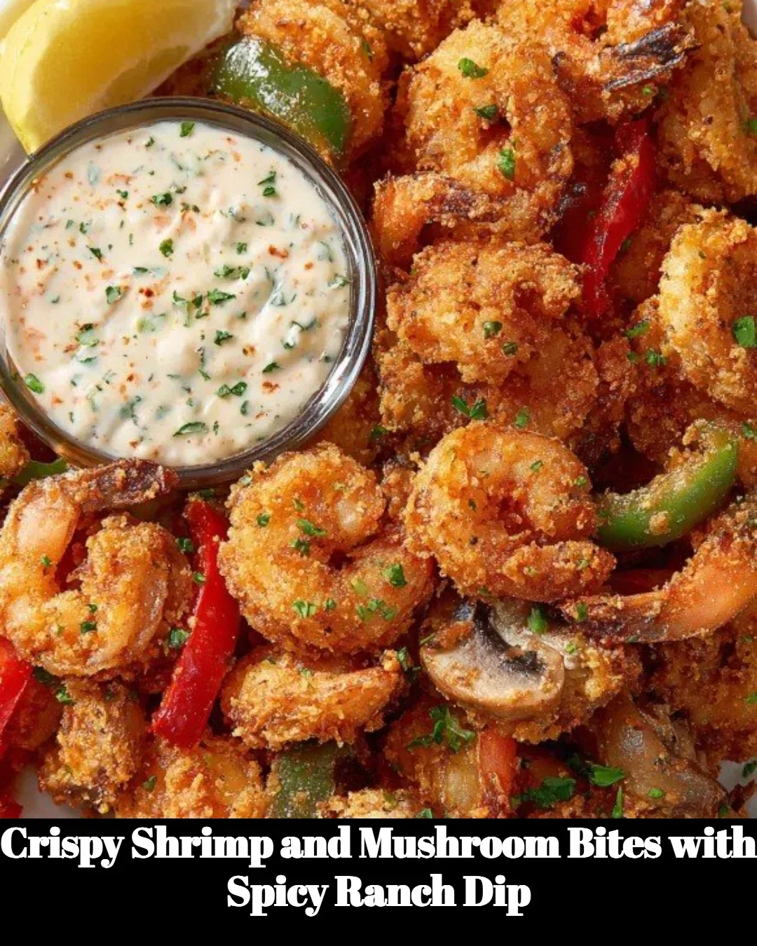 Crispy shrimp bites with mushrooms and spicy ranch dip served on a platter