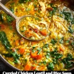 Curried chicken lentil soup with rice and spinach in a bowl