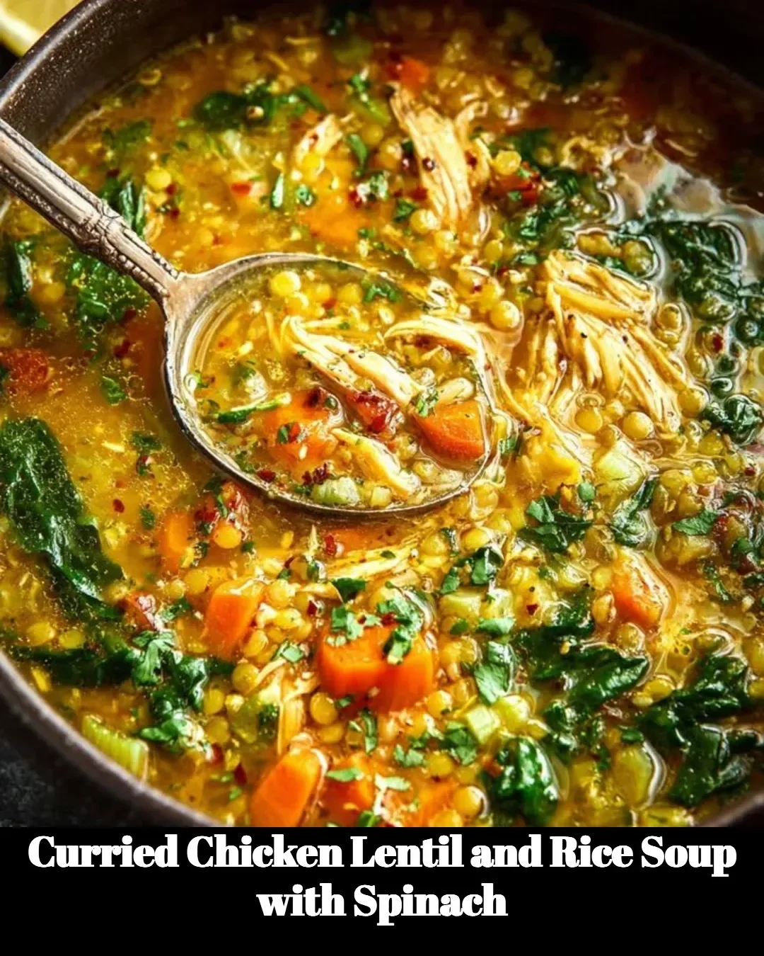 Curried chicken lentil soup with rice and spinach in a bowl
