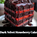 A decadent Dark Velvet Strawberry Cake garnished with fresh strawberries.