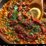 Bowl of creamy tomato lentils topped with fresh herbs and served with bread.