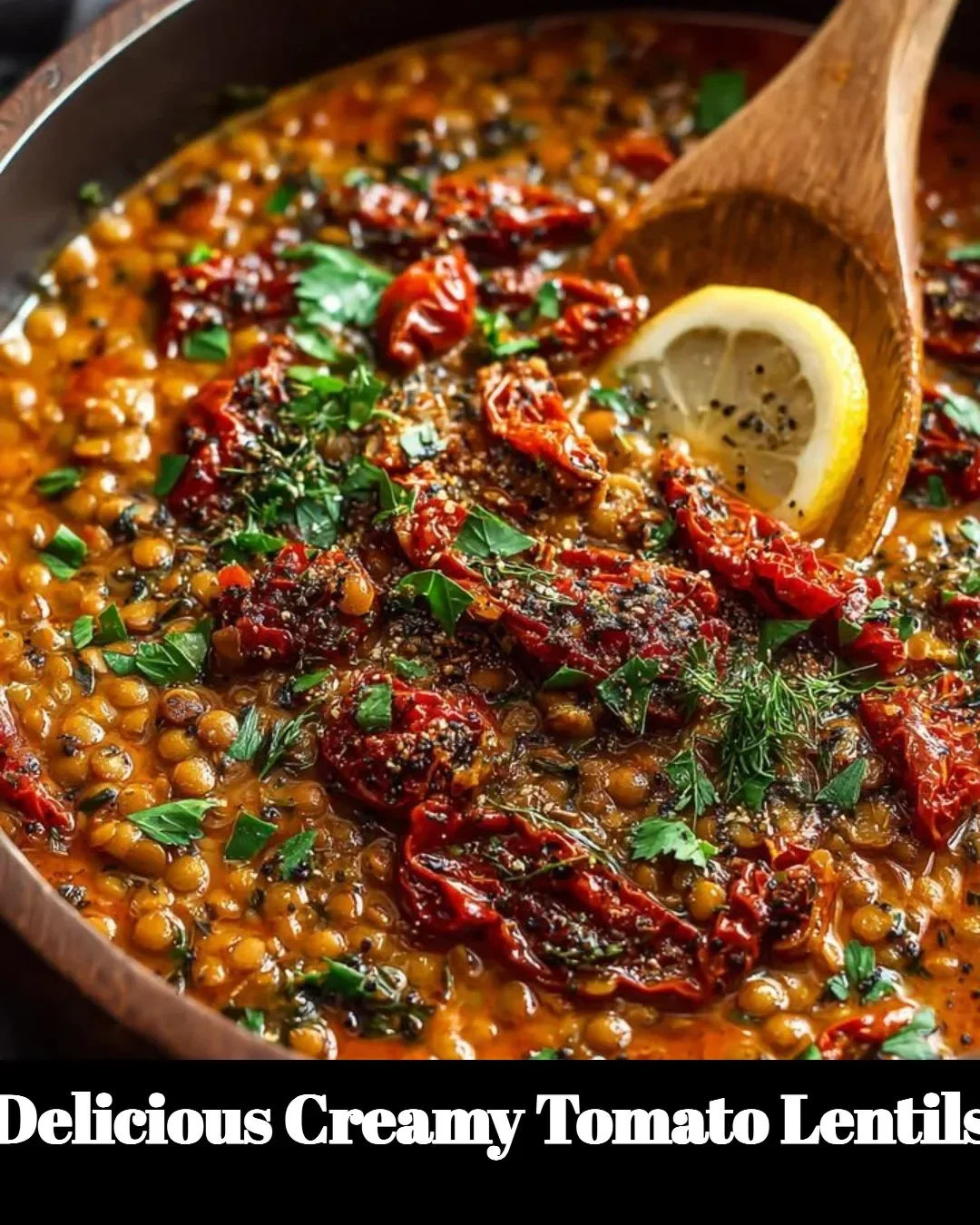Bowl of creamy tomato lentils topped with fresh herbs and served with bread.