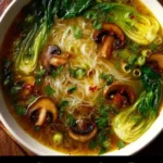 Bowl of Easy Healing Ginger Garlic Noodle Soup with fresh ingredients