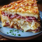 Delicious Easy Reuben Casserole Bake topped with cheese and sauerkraut