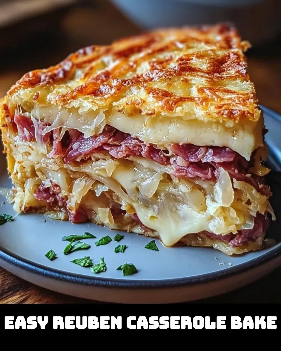 Delicious Easy Reuben Casserole Bake topped with cheese and sauerkraut