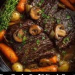 Delicious easy tender beef roast with vegetables on a serving platter.