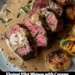 Elegant filet mignon served with creamy peppercorn sauce on a plate
