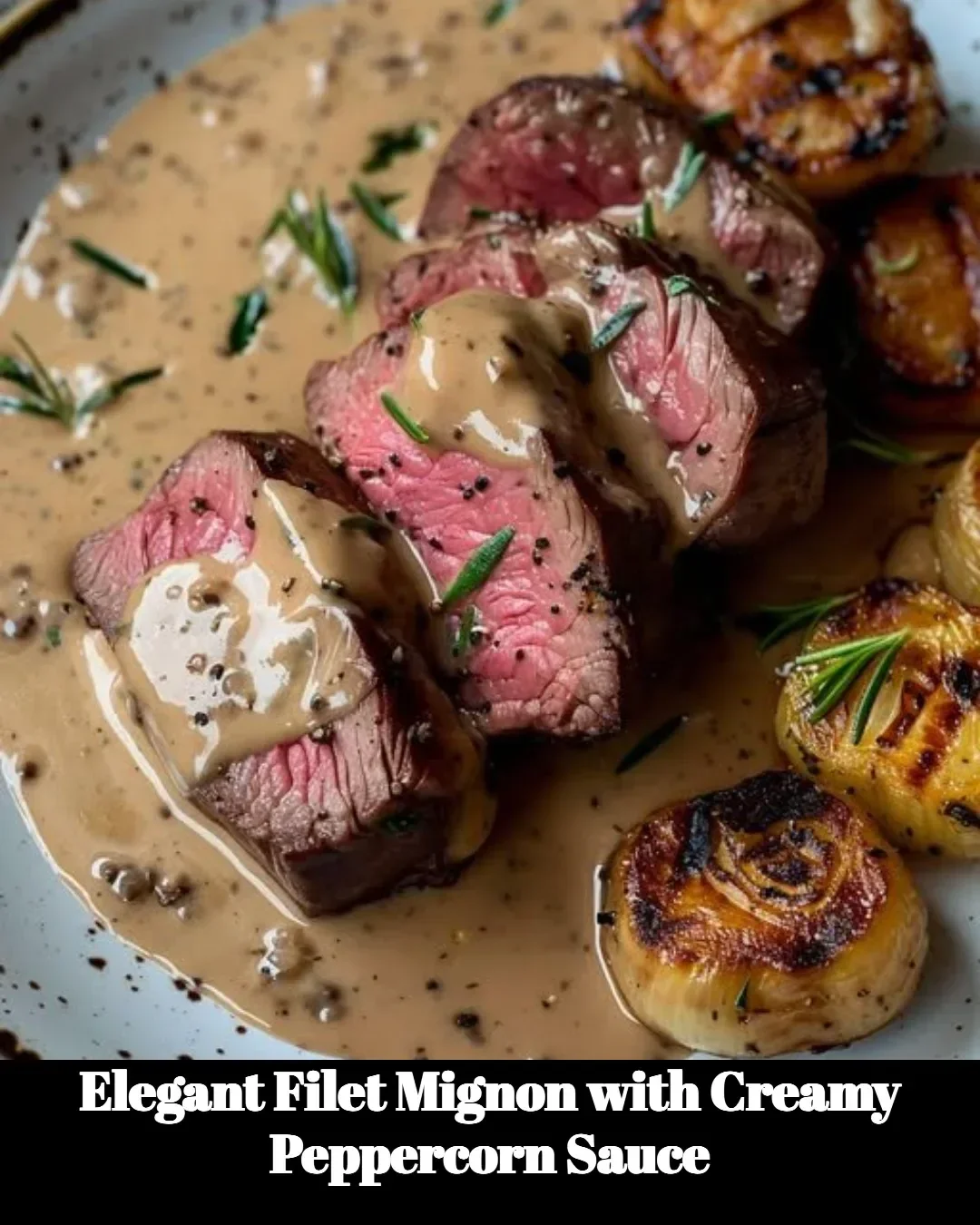 Elegant filet mignon served with creamy peppercorn sauce on a plate
