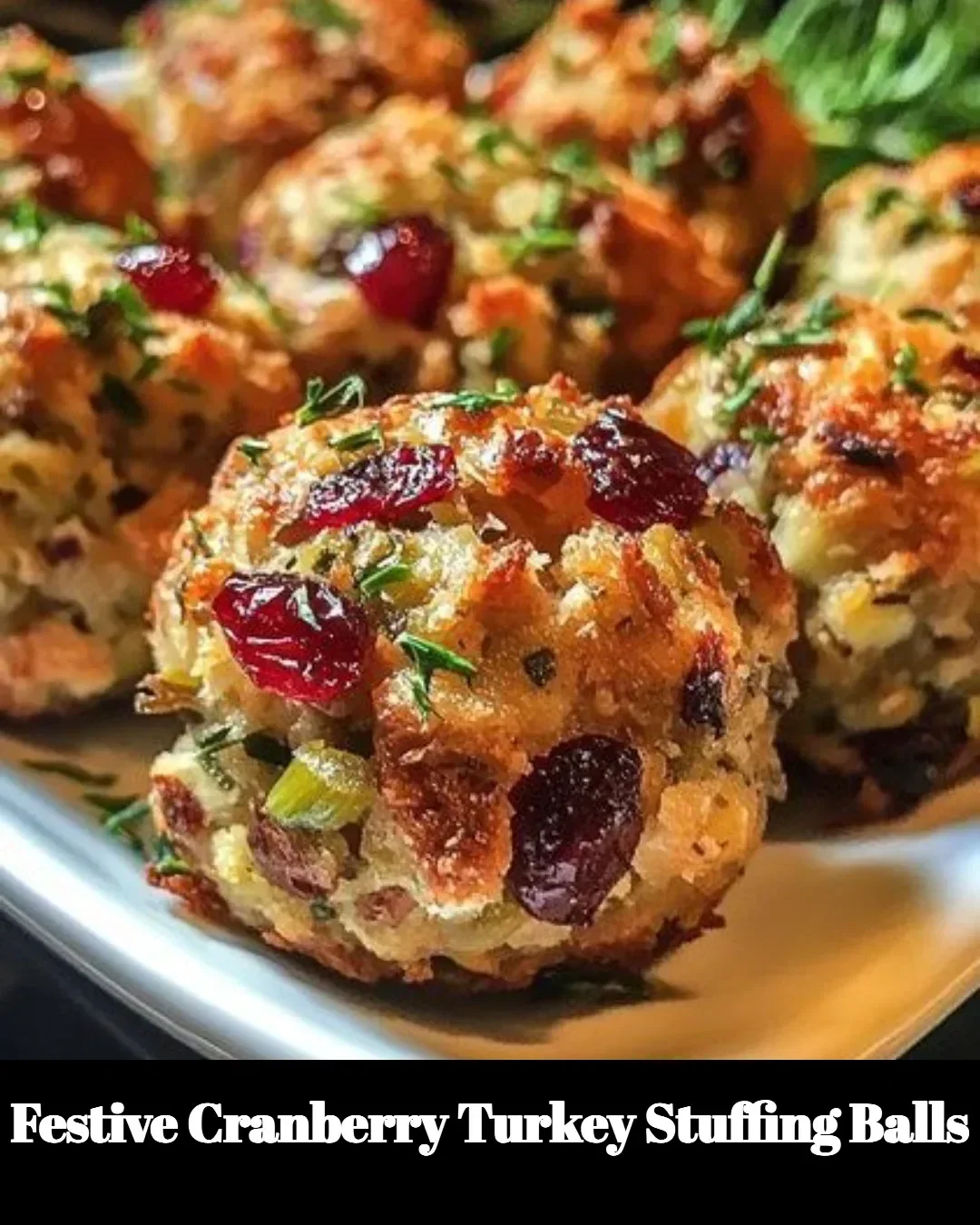 Festive cranberry turkey stuffing balls on a serving platter.