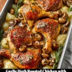 Garlic herb roasted chicken with mushrooms served on a plate