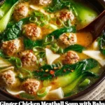 Ginger Chicken Meatball Soup with Baby Bok Choy and Wonton Strips in a bowl