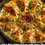 Golden baked potstickers served with spicy Thai curry sauce