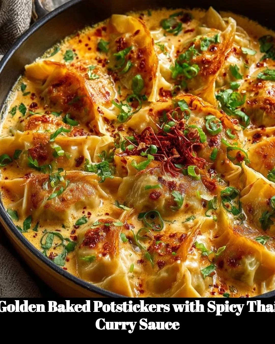 Golden baked potstickers served with spicy Thai curry sauce