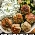 Plate of Greek Chicken Meatballs served with homemade tzatziki sauce.
