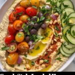 Bowl of Greek Style Loaded Hummus topped with fresh ingredients