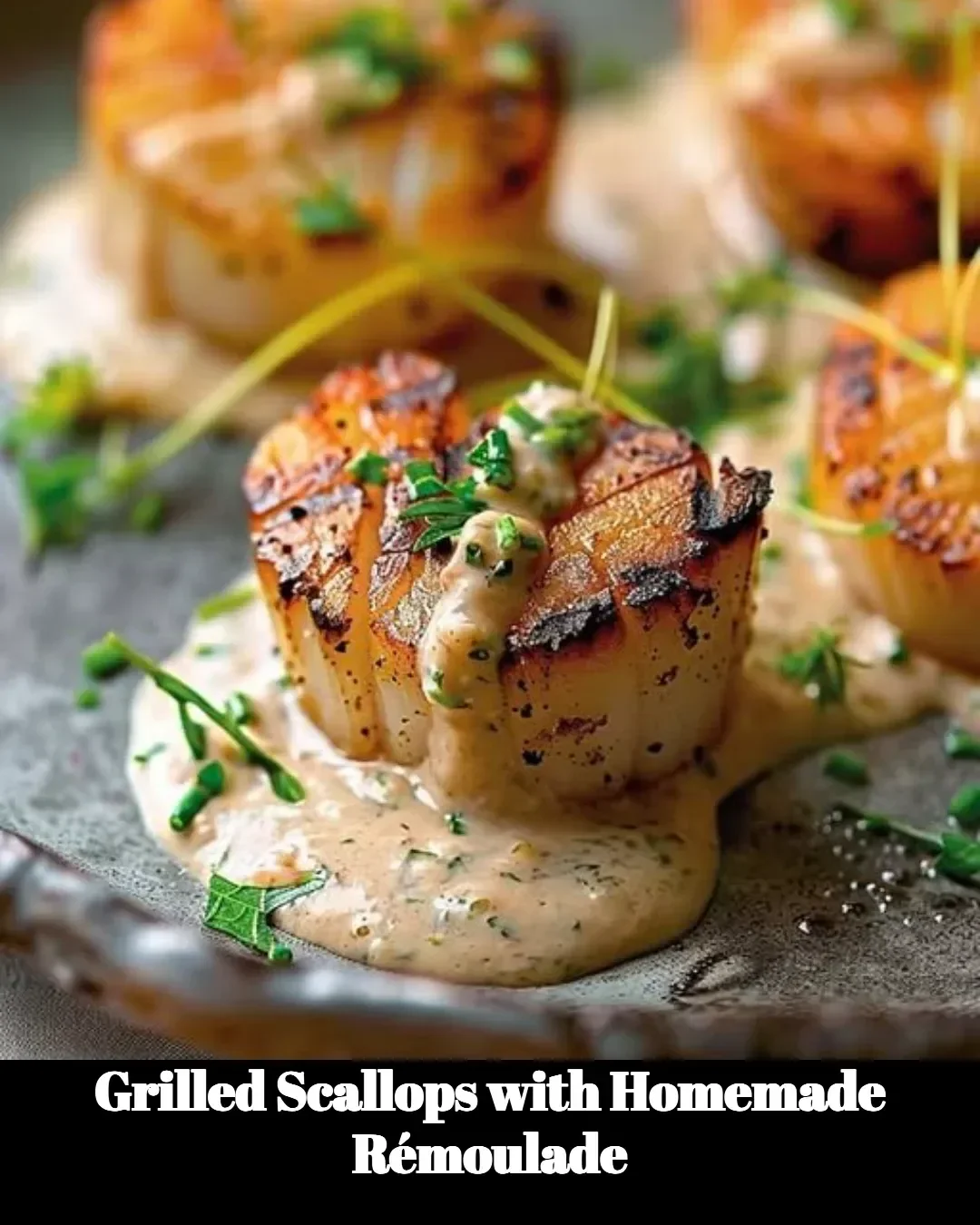 Grilled scallops topped with homemade rémoulade sauce on a plate.