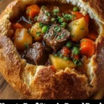 Hearty beef stew served in bread bowls, showcasing a comforting meal.