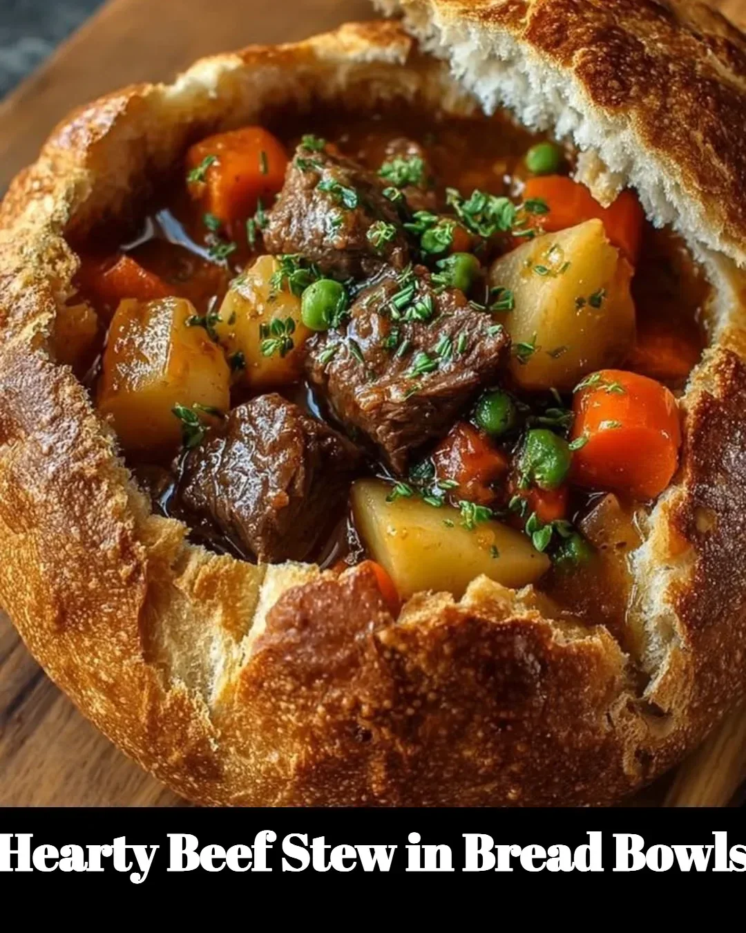Hearty beef stew served in bread bowls, showcasing a comforting meal.