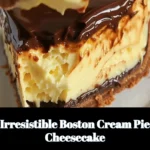Decadent Boston Cream Pie Cheesecake topped with chocolate glaze and cream