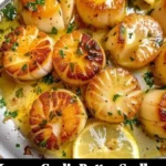 Plate of delicious Lemon Garlic Butter Scallops garnished with lemon slices