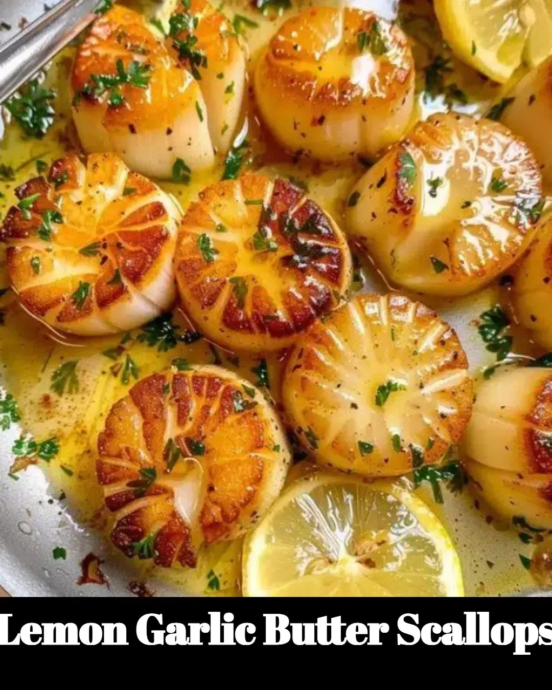 Plate of delicious Lemon Garlic Butter Scallops garnished with lemon slices