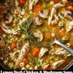 Lemon Herb Chicken & Mushroom Soup with Ditalini in a bowl garnished with herbs