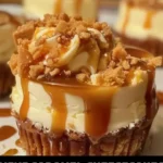 Mini caramel cheesecakes topped with drizzled caramel sauce