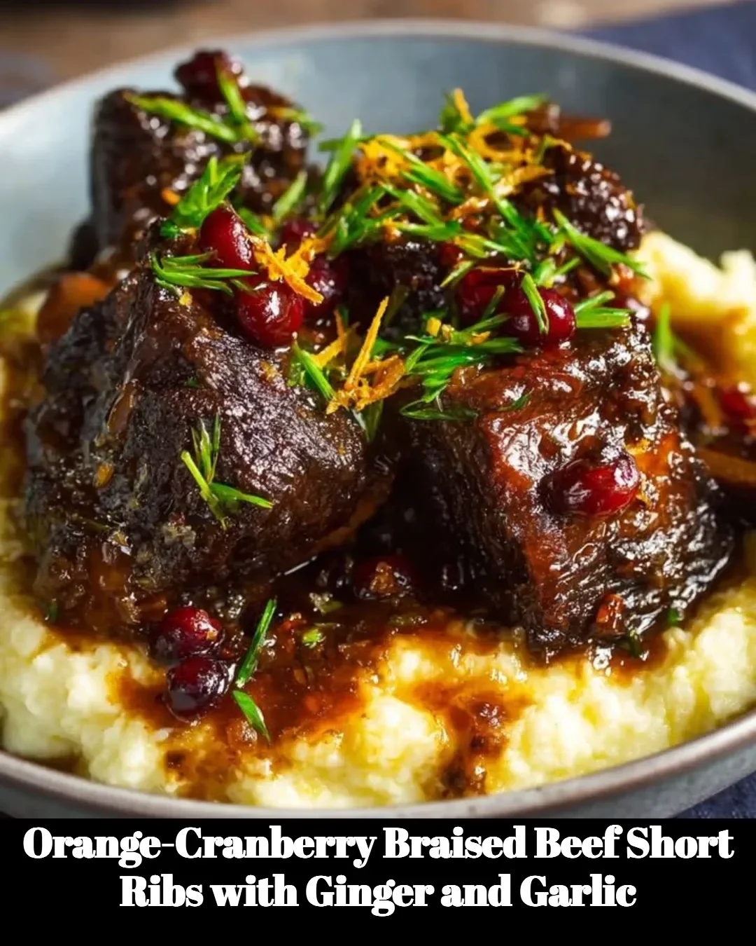 Orange-cranberry braised beef short ribs served with ginger and garlic flavors