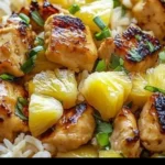 Delicious plate of pineapple chicken served with rice and garnished with green onions.
