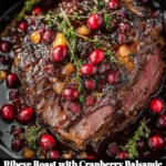 Ribeye roast glazed with cranberry balsamic sauce, garnished for presentation.