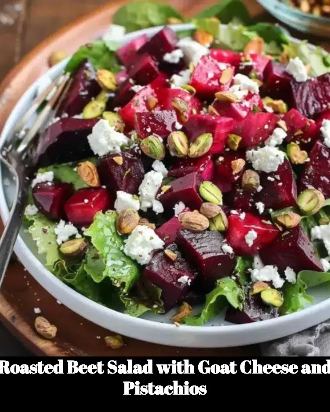 Roasted beet salad topped with goat cheese and pistachios on a plate.
