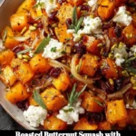 Roasted butternut squash with cranberries, goat cheese, and shallots served in a bowl.