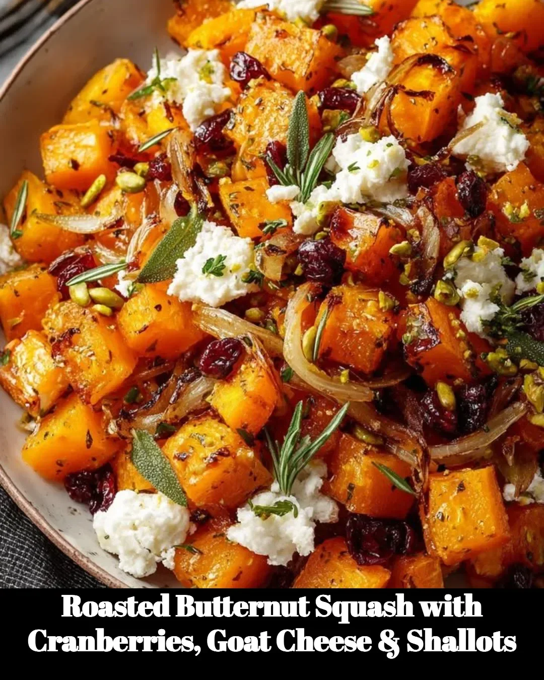 Roasted butternut squash with cranberries, goat cheese, and shallots served in a bowl.