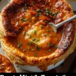 Delicious bowl of roasted veggie tomato soup garnished with fresh herbs.