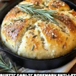 Freshly baked Rustic Garlic Rosemary Skillet Bread in a cast iron skillet.