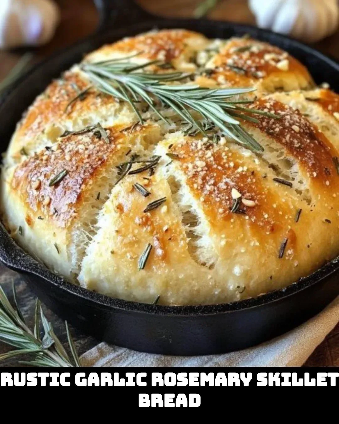 Freshly baked Rustic Garlic Rosemary Skillet Bread in a cast iron skillet.