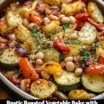 Rustic Roasted Vegetable Bake with Cannellini Beans served in a rustic dish