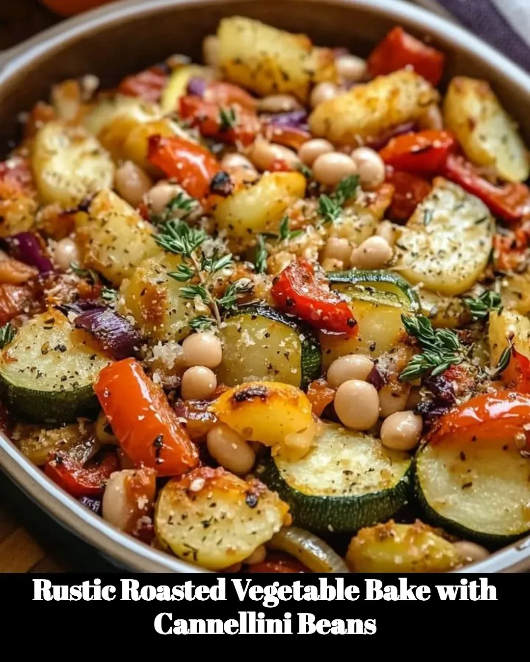 Rustic Roasted Vegetable Bake with Cannellini Beans served in a rustic dish