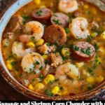 Delicious Sausage and Shrimp Corn Chowder with a kick served in a bowl